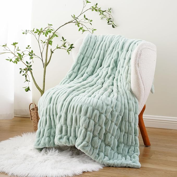 BATTILO HOME Luxury Faux Fur Throw Blanket for Couch, Super Soft Warm Cozy Plush Mink Blanket, Double Side Ruched Rabbit Fur Blanket for Bed, Sofa, Chair, 50"x60", Sage Green