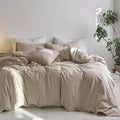 MooMee Striped Duvet Cover Set 100% Washed Cotton Linen Like Textured Breathable Durable Soft Comfy (Tannish Linen Grey White Wide Stripes, Super King Plus 120"x120")
