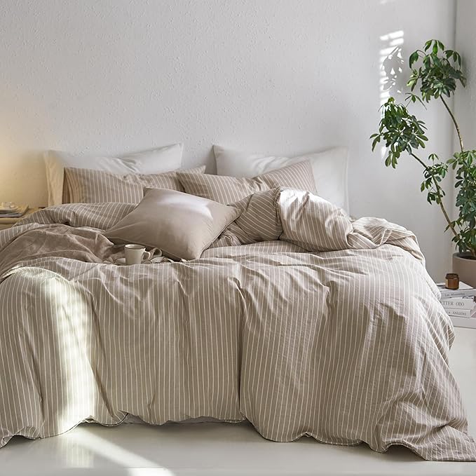 MooMee Striped Duvet Cover Set 100% Washed Cotton Linen Like Textured Breathable Durable Soft Comfy (Tannish Linen Grey White Wide Stripes, Alaska King 132"x120")