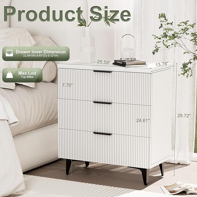 Royal Windsor Fluted Nightstand with 3 Drawers, Side End Table, Accent Storage Cabinet,Modern Night Stand Bedside Table for Bedroom,White