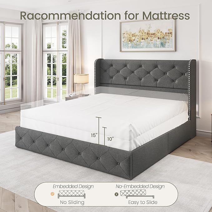 LARMACE Full Size Bed Frame with 4 Storage Drawers and Wingback Headboard Linen Upholstered Platform Bed Frame Tufted Beds with Wooden Slats Support, Easy Assembly, Light Grey