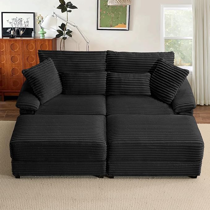 74" Double Chaise Lounge Chair Indoor, Oversized Loveseat with Removeable Ottoman, Corduroy Couch with USB Charging, Storage Ottoman, and Coffee Table Cushions for Living Room (2 Chaise Black)