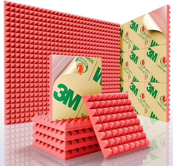 Sonicism Acoustic Panels Self-Adhesive Pyramid 12 Pack,12" X 12" X 1" Sound Proof Foam Panels for walls,35kg/m³High Density Soundproof Wall Panels Fast Expand,Sound Absorption & Decoration(Red)