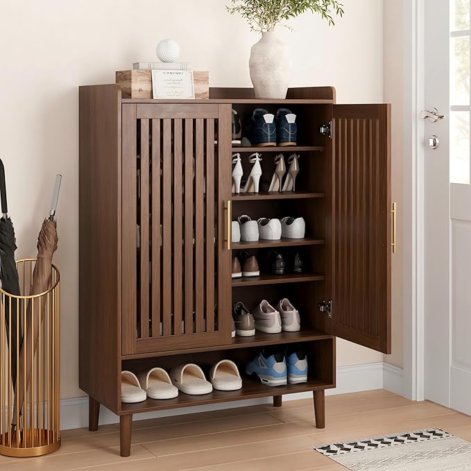 Shoe Storage Cabinet with 2 Slatted Doors, 6-Tier Large Shoe Cabinet with Adjustable Shelves, Hidden Entryway Shoe Organizer for Hallway, Foyer, Walnut