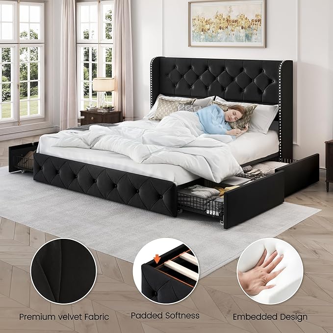 LARMACE Queen Size Bed Frame with 4 Storage Drawers and Wingback Headboard Upholstered Platform Beds Velvet Tufted Bed Frame with Wooden Slats Support, Easy Assembly, Black