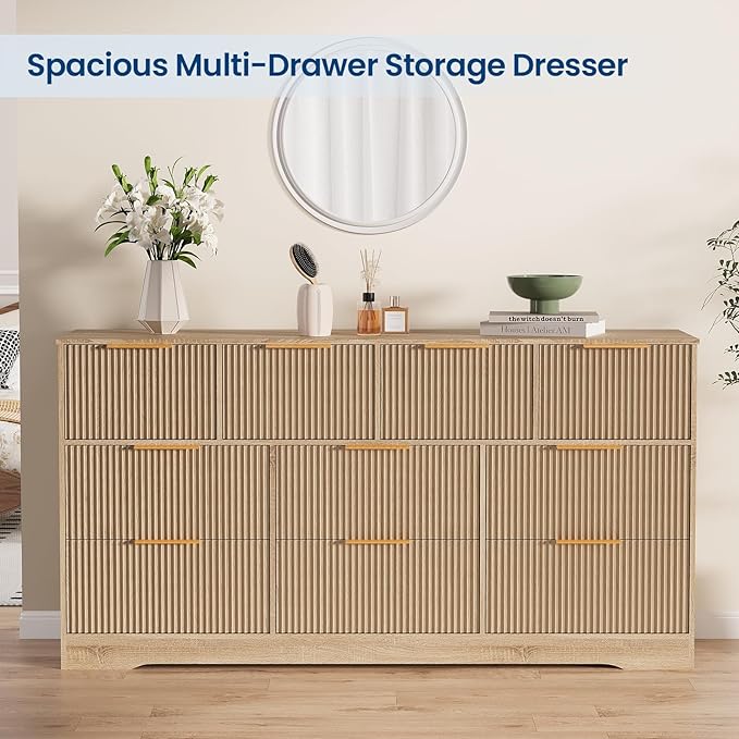 GarveeHome Fluted Dresser for Bedroom with 10 Drawers, 59" Wide Modern Chest of Drawers with Wood Frame, Dresser TV Stand Wooden Closet Clothes Storage Organizer for Living Room, Hallway