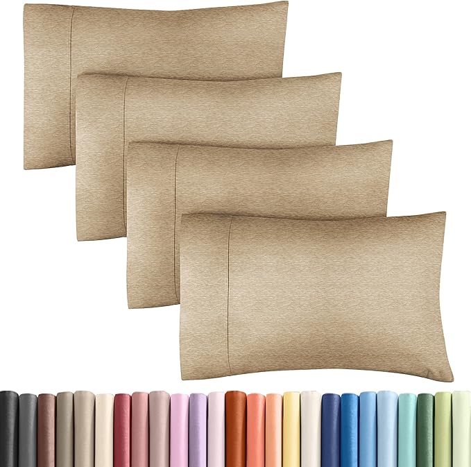 Queen Pillow Cases Set of 4 - Ultra Soft Hotel Quality Pillowcase Covers - Comfy, Cozy & Wrinkle Free - Shrinkage and Fade Resistant - Machine Washable Pillow Protectors - 4 Piece Set - Heathered Tan