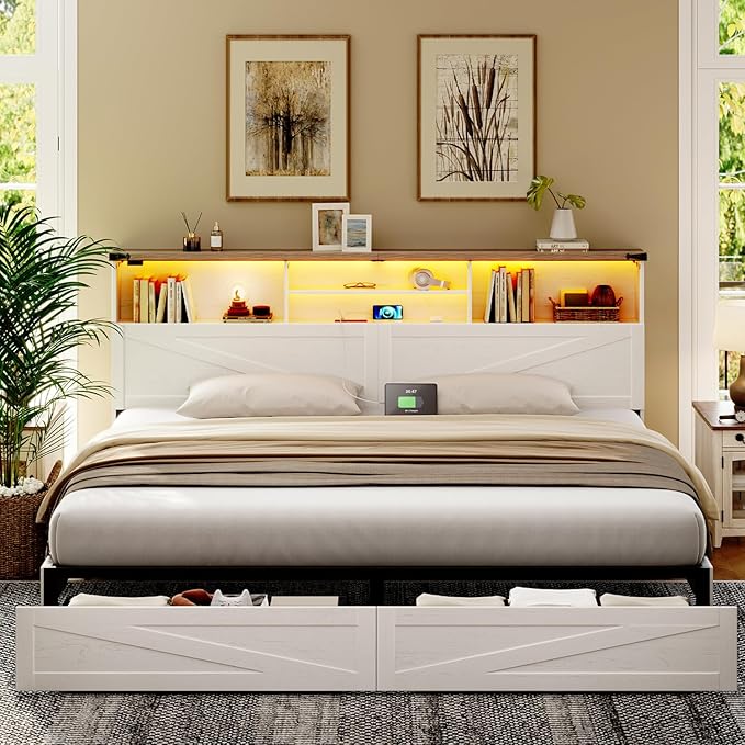 King Size Bed Frame with Bookcase Storage and Drawers, Farmhouse Bed with High Headboard, Charging Station and LED Lights, No Box Spring Needed, Noise Free, Easy Assembly, Antique White