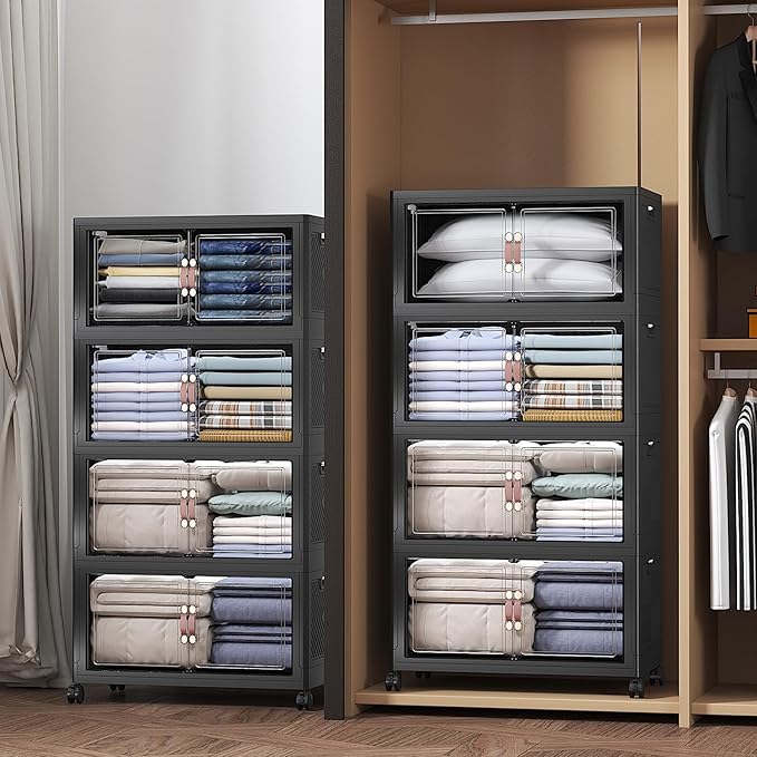 Extra Large Stackable Storage Bins with Lids & Wheels, Foldable Plastic Storage Bins (Dark, 440QT-55QT/30GAL*8Pack)