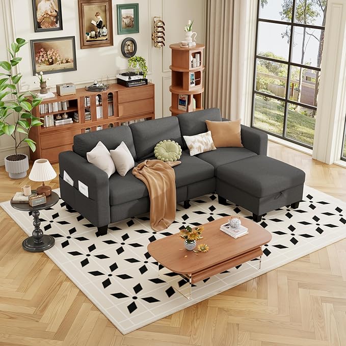 ZeeFu Sectional and Sofa Couches for Living Room - 78'' 3 Seater L-Shaped Modular Couch with Storage Ottoman - Modern Linen Fabric Upholstered Sofa Set for Small Space Apartment Office