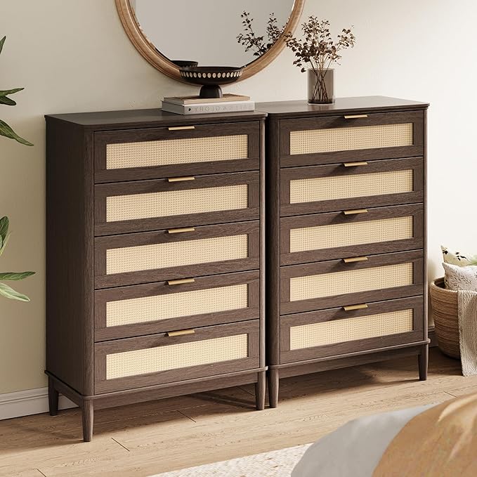 LINSY Rattan 5 Drawer Dresser for Bedroom, 46" Tall Mid-Century Modern Chest of Drawers, Deep Storage Dresser with Curved Corner Design, Large Accent Wood Cabinet for Bedroom, Walnut