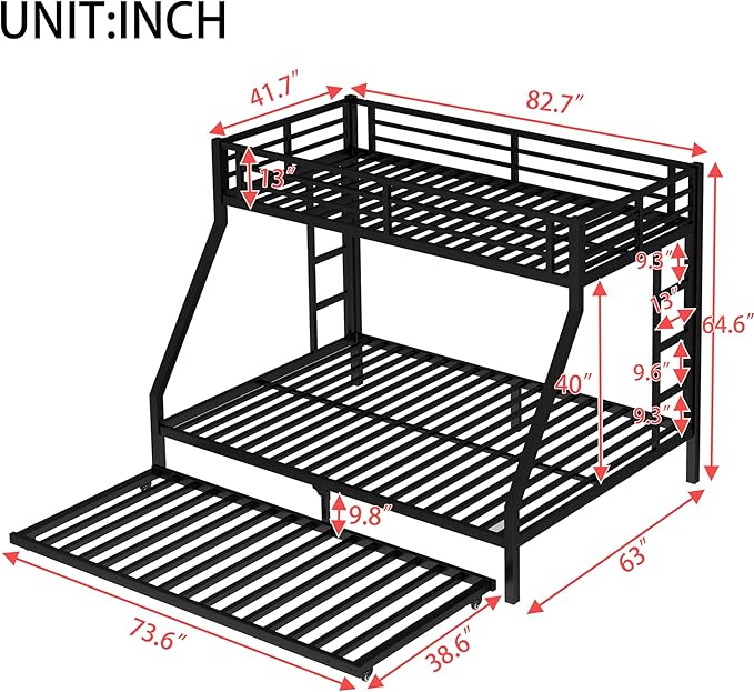 Upgraded Version Thicken Heavy Duty Metal Twin XL Over Queen Bunk Bed with Twin Size Trundle, Modern Style Stronger Twin Over Queen Bunk Bed Frame for Adults, Easy Assembly (Twin XL/Queen)