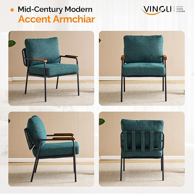 VINGLI Mid-Century Modern Accent Armchiar for Small Space, Small Comfy Upholstered Leisure Reading Chair with Wood Armrest for Bedroom, Living Room, Waiting Room, Linen Dark Green