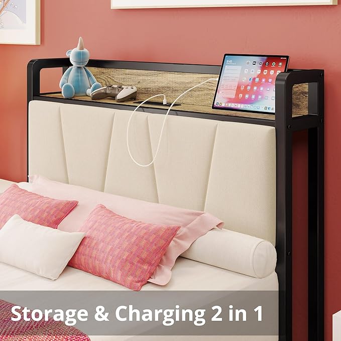 LIKIMIO Twin XL Bed Frames, Storage Headboard with Charging Station, Solid and Stable, Noise Free, No Box Spring Needed, Easy Assembly (Walnut and Beige)