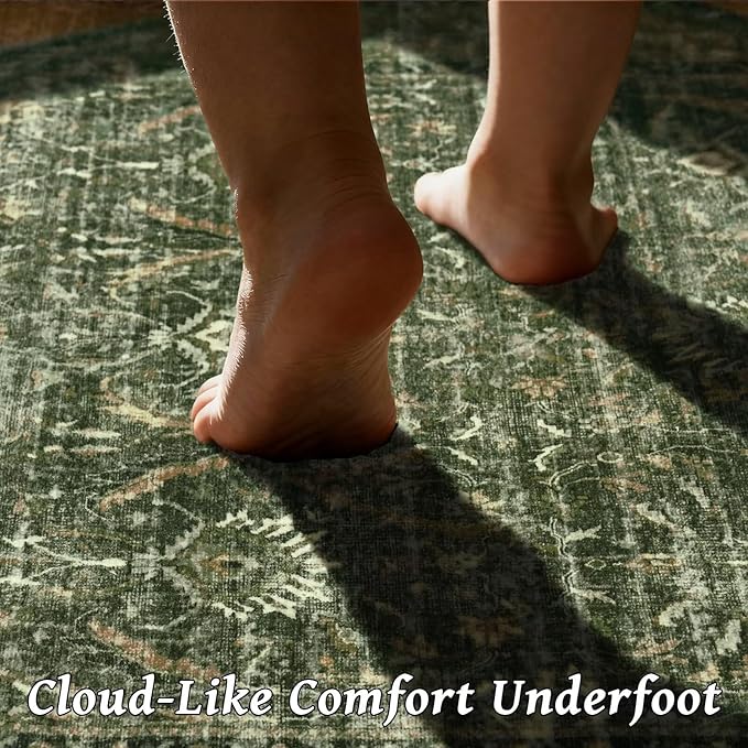 Washable 8x10 Area Rugs for Living Room, Boho Non-Slip Vintage Distress Large Rugs for Bedroom Dining Room Nursery Office, 0.3" Neutral Oriental Throw Thin Carpet, Grass Green/Multi