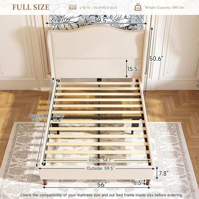 koorlian Full Size Bed Frame Upholstered Platform Bed with 51" Tall Headboard Wingback, Soft Fabric, Retro Simple Style Platform Bed No Box Spring Needed, Easy Assembly, Beige
