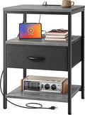 SUPERJARE Night Stand with Charger Station, 27.7 Inch Tall Nightstand with Adjustable Fabric Drawer, Bed Side Table, Fabric Drawer Dresser for Bedroom, Living Room, Charcoal Gray and Black