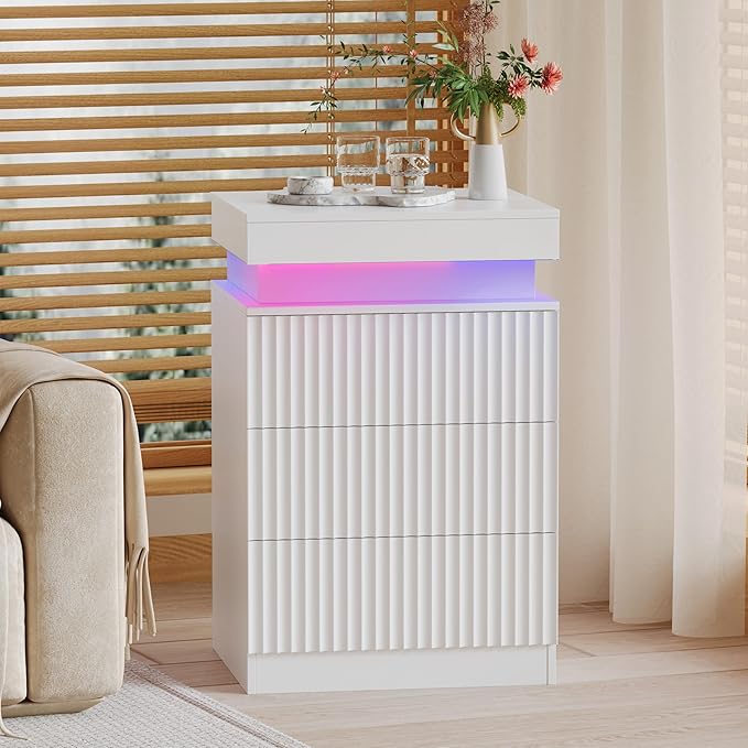 White Nightstand with 3 Drawers and LED Light, Mid Century Modern Fluted Night Stand with Charging Station, Bedside Table & End Table for Bedroom