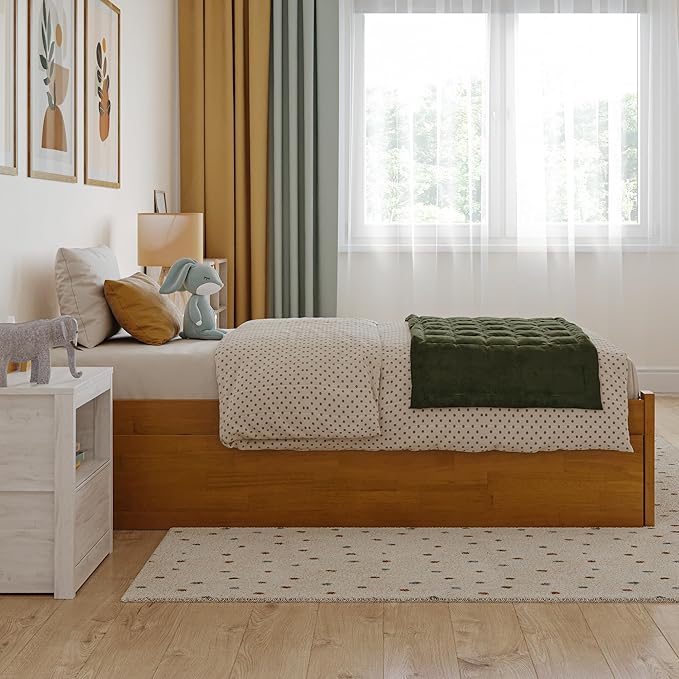 AFI Concord Twin Solid Wood Platform Bed with Footboard & Twin Trundle in Light Toffee