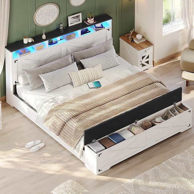 Hasuit Queen Size Bed Frame with Storage Ottoman, Farmhouse Bed Frame with Charging Station and Led Light, Headboard with Storage Rack, Metal Slats, No Noise Design, No Box Spring Needed,Walnut White