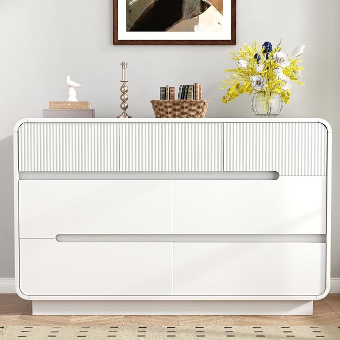 7 Drawer Dresser and 2 Nightstand Sets for Bedroom 3 Pcs Bedroom Set, Modern 47.2" Fluted Dresser with Invisible Handles Nightstand Charging Station, Bedroom Furniture Set for Living Room, White