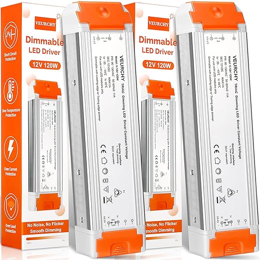 120W 12v Dimmable LED Driver, Triac LED Dimmable Transformer Compatible with Lutron & Leviton Dimmer Switches AC 110V to DC 12V 120 Watt, 12 Volt Power Supply for LEDs Strip Lights 2 Pack
