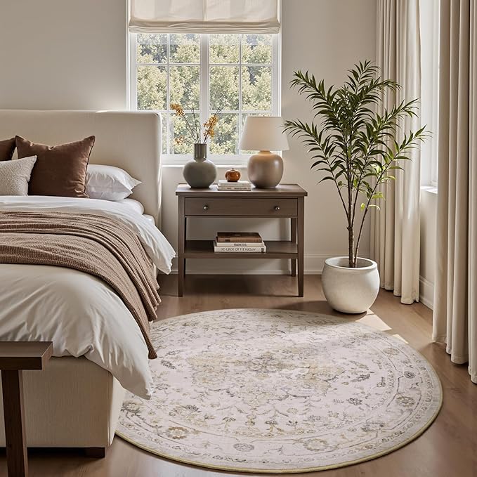 PADOOR 6FT Round Rug,Rugs for Living Room,Soft Beige Circle Rug,Machine Washable Rugs for Bedroom,Non Slip Carpet,Rug for Dining Room Living Room Bedside Office