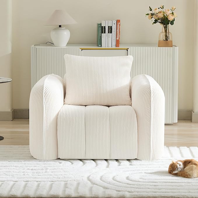 Oversized Boneless Corduroy Accent Chair, Comfy Deep Seat Armchair for Bedroom, Modern Upholstered Living Room Sofa Chair with Pillow, No Assembly, White