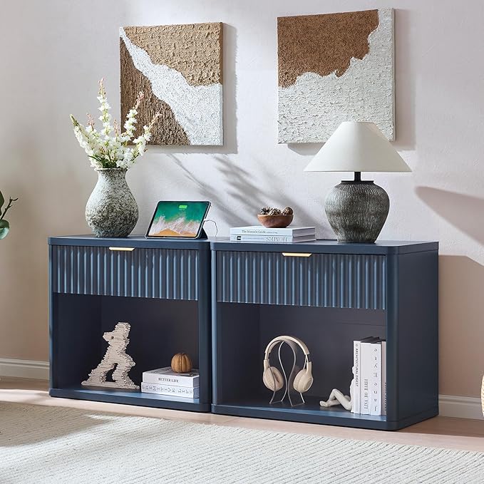 LEYAOYAO 31" Wide Fluted Nightstand Set of 2 with Charging Station, Oversized Extra Large 1 Drawer Night Stand with Golden Handle, Blue Wood Bedside Table Tall End Tables,for Bedroom, Living Room