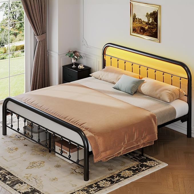 WLIVE Metal Platform Bed Frame, King Size Bed Frame with Headboard, Bed Frames with LED Lights and Charging Station, 1500LBS Mattress Foundation, Under Bed Storage, No Box Spring Needed, Black