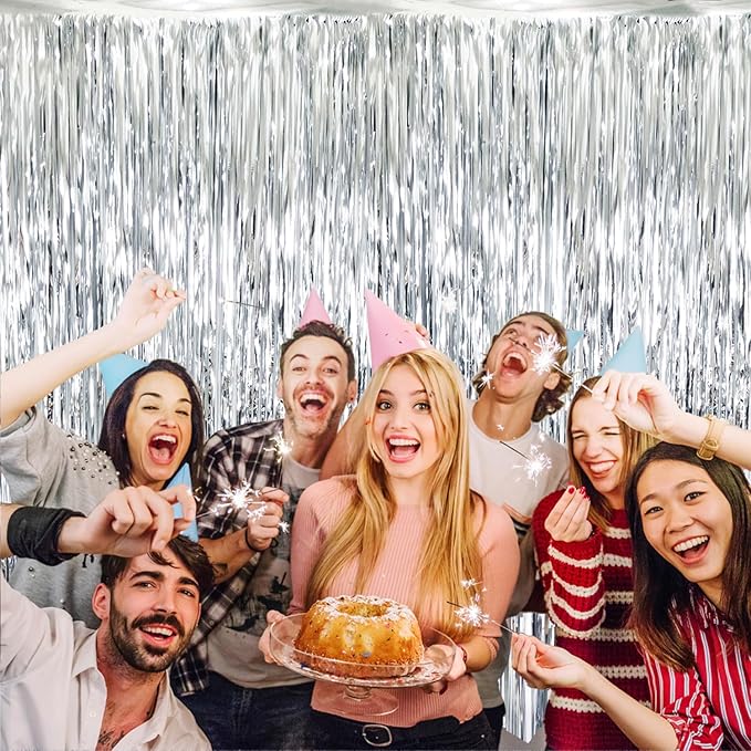 GOER 3.2 ft x 8.2 ft Metallic Tinsel Foil Fringe Curtains Party Photo Backdrop Party Streamers for Birthday,Graduation,New Year Eve Decorations Wedding Decor (Silver,1 Pack)