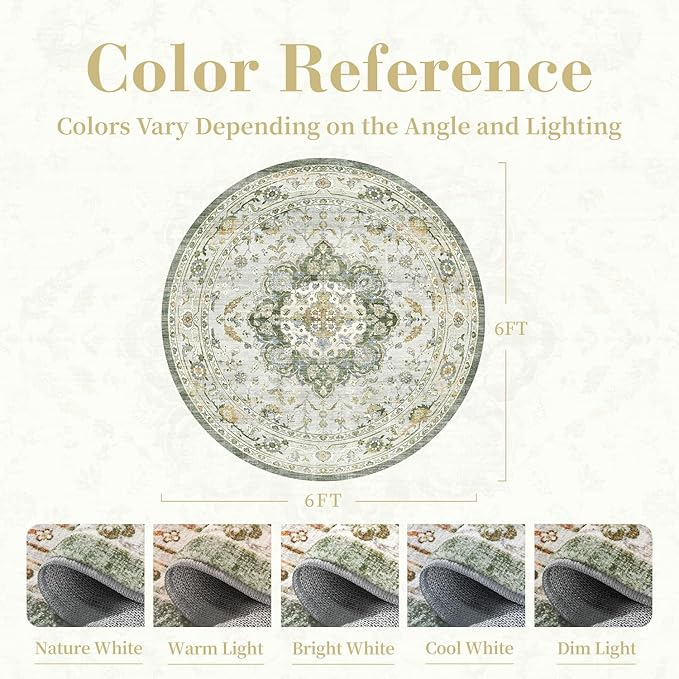 PADOOR 6FT Round Rug,Rugs for Living Room,Soft Green Circle Rug,Machine Washable Rugs for Bedroom,Non Slip Carpet,Rug for Dining Room Living Room Bedside Office