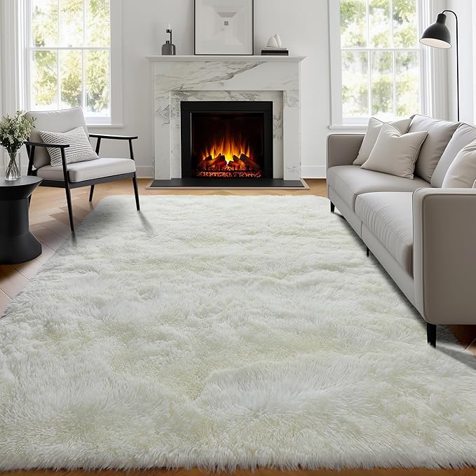 PAGISOFE White Fluffy Shag Machine Washable Area Rugs for Living Room 5x7 Ft,Cream White Soft Shaggy Rugs for Bedroom,Office Ivory Carpet Boys Girls Dorm Pastel Rug for Kids Room Home Decor Aesthetic