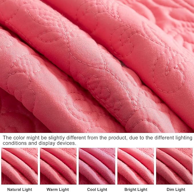 HoneiLife Quilt Sets King Size - Microfiber Bedspreads for King Bed, 3-Piece Lightweight Coverlets, Retro Bedlinen Sets, King Quilt Bedding Set All Season Use-Sugar Coral