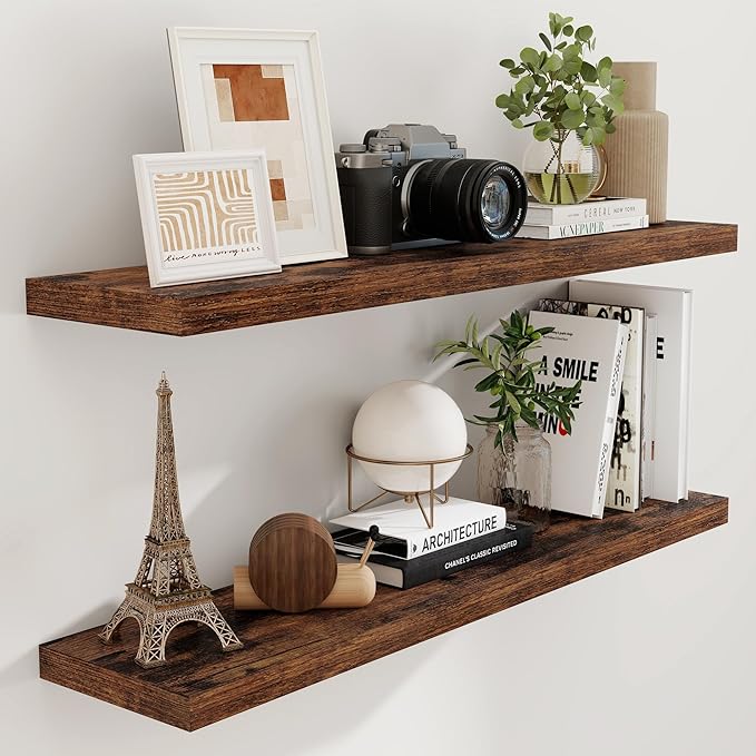 Floating Shelves for Wall, 48 x 9.3 Large Floating Shelf Wall Mounted Set of 2, Rustic Wood Shelves for Bathroom, Kitchen, Living, Heavy-Duty Storage Deep Shelf for Books, Decor, Rustic Brown
