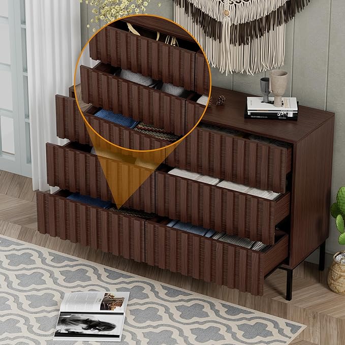UEV Fluted Dresser for Bedroom with 6 Drawers, 47" Wide Large Chest of Drawers with Metal Stand, Mid-Century Wooden Dresser TV Stand, Closet Storage Organizer for Living Room, Hallway (Walnut)