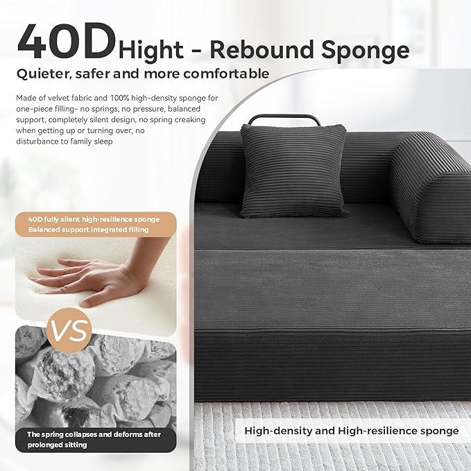 Convertible Sleeper Bed with 2 Cylindrical Pillow, Comfy Foldable Bed Compressed Sofa in Box, Floor Sofa Lounge Couch for Living Room Bedroom Lounge Studio, Tool-Free Assembly (Black)