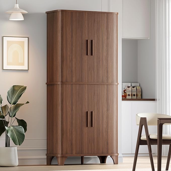 69" Tall Kitchen Pantry Storage Cabinet with Sliding Door, Modern Curved Edge Pantry Storage Cabinet with 5 Shelves, Cupboard for the Kitchen, Dining Room, Bedroom, Living Room, Office (Walnut)