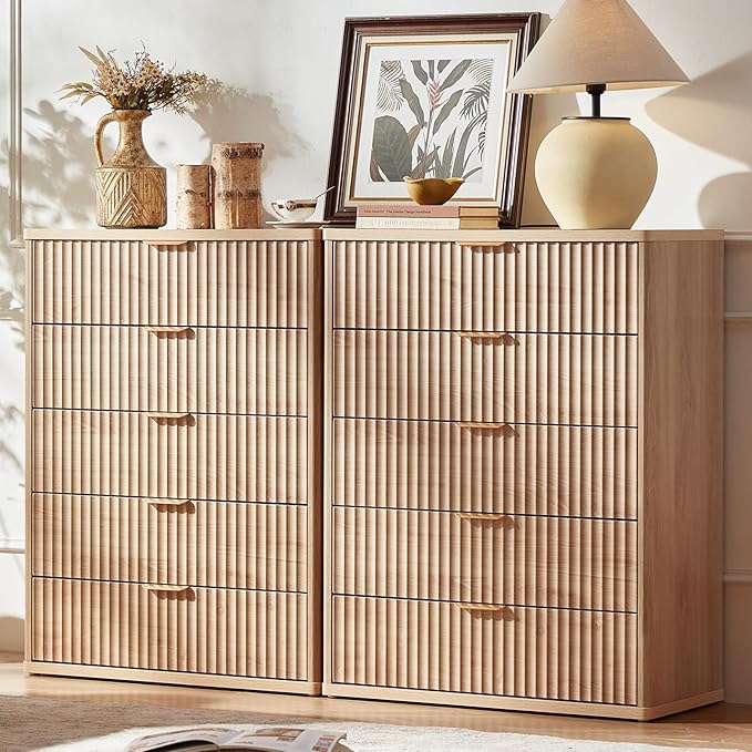 LEYAOYAO Fluted 5 Drawers Dresser Set of 2, 41" Tall Modern Chest of Drawers with Metal Handle, Curved Profile Dresser TV Stand, Wooden Drawer Organizer for Bedroom, Living Room, Hallway, Lightgrey