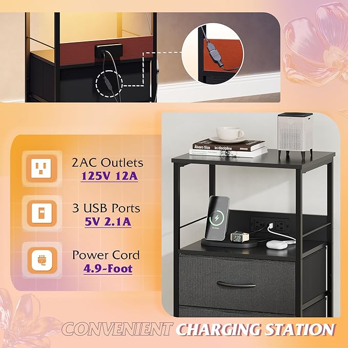 WLIVE Night Stand Set of 2 with Charger Station, Black Nightstand Sets with 2 Fabric Drawers and Storage Shelf, LED Bedside Table, Bedroom Small End Tables with 3 USB Ports and 2 AC Outlets