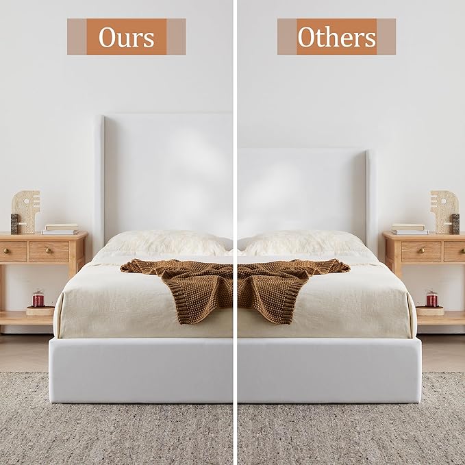 King Size Upholstered Bed Frame, 52.3" High Headboard Carmen Wingback Bed Frames, Tall Headboard Floor Platform Beds, No Box Spring Needed No Noise Minimalist Coconut Micro Suede, White
