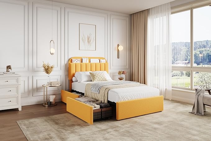 Jojoka Twin Bed Frame with Storage Headboard and 2 Drawers, Boucle Upholstered Platform Bed, Modern Girls Bed Frames for Rooms, No Box Spring Needed, Easy Assembly (Yellow, Twin)