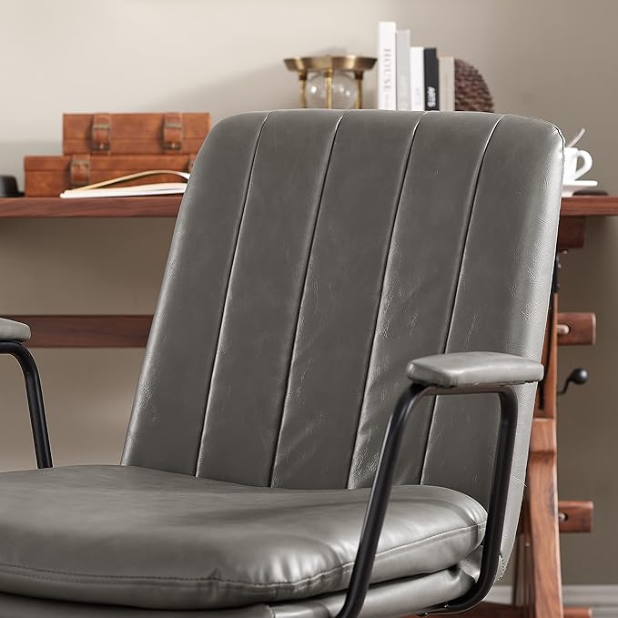 Art Leon Desk Chair No Wheels, Set of 2, Mid Century Modern Swivel Chair with Oak Wood Legs, Faux Leather Home Office Desk Chairs for Bedroom Living Room, Gray