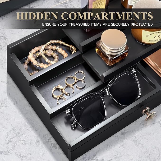 EOSAHR Modern Wooden Cologne Organizer for Men - 3 Tier Cologne Stand with Storage Drawer and Hidden Compartment - Perfume Organizer for Dresser (Black)