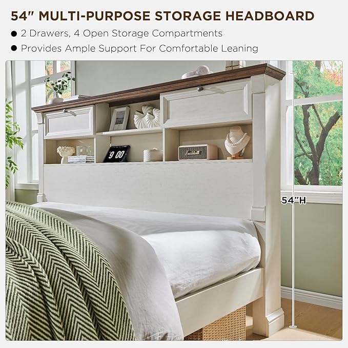 T4TREAM Farmhouse King Size Bed Frame with 54" Tall Headboard, Wood Platform Bed Frame with 18" Tall Roman Column Decoration Footboard & 2 Large Storage Drawers, No Box Spring Needed(Antique White)