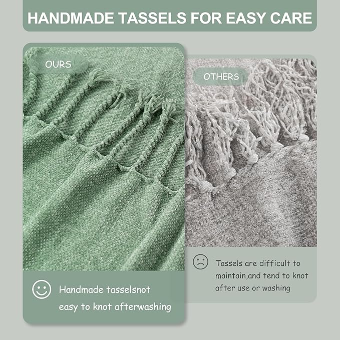 BATTILO HOME Sage Green Throw Blanket for Couch, Bed, Sofa - Soft Cozy Sage Chenille Throw with Fringe Tassels, Lightweight Green Knit Throw for Spring Home Decor, 50"x60"