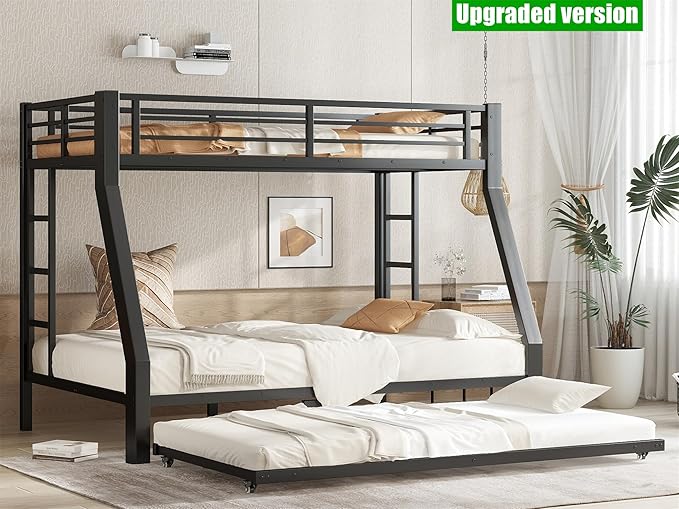 Higher Quality & Stronger Metal Bunk Bed Twin Over Full Size Bunkbed Frame, Thickened Heavy Duty More Stable Steel Bunk Bed with Twin Size Trundle (Twin Over Full)