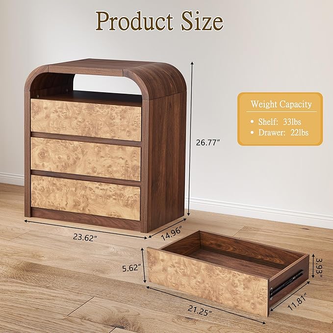 3 Drawer Dresser for Bedroom, Modern Chest of Drawers with Open Shelf, Burl Wood Tall Nightstand End Table for Living Room, Hallway (Walnut)