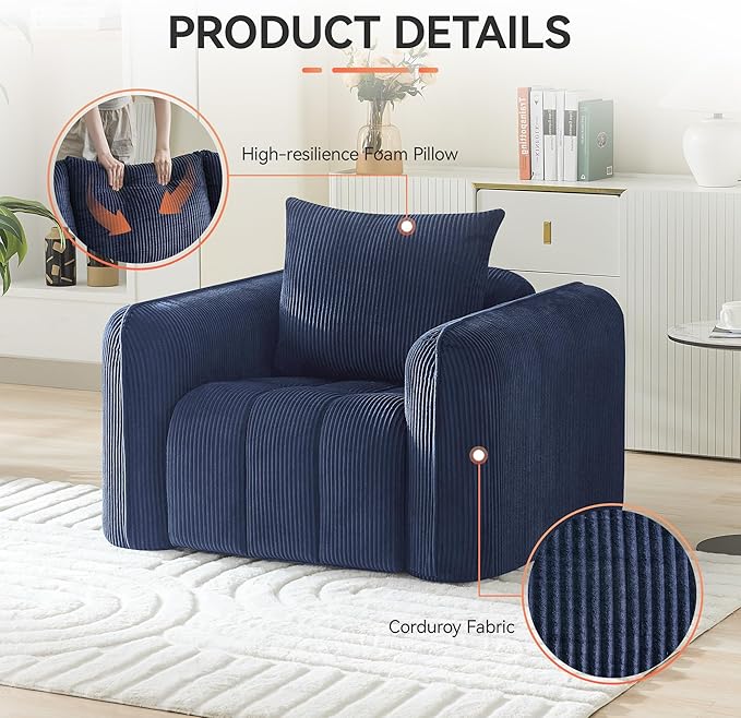 Oversized Boneless Corduroy Accent Chair, Comfy Deep Seat Armchair for Bedroom, Modern Upholstered Living Room Sofa Chair with Pillow, No Assembly, Navy