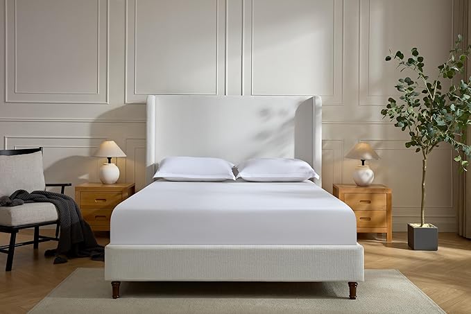 California King Size Upholstered Bed Frame, Platform Bed Frames with 54" Tall Headboard Wingback, Strong Wood Slats Support/No Box Spring Needed/Elegant Simplicity/No Noise, Cream White Chenille